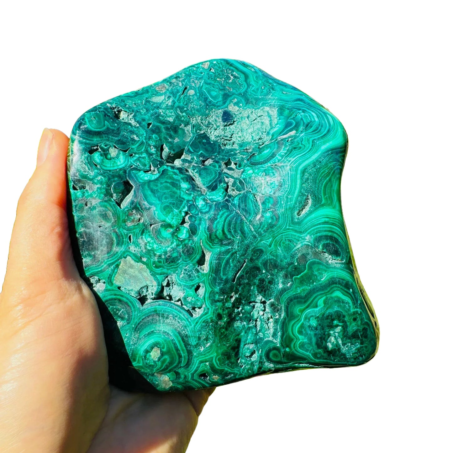 Back view of Malachite specimen, often kept for Emotional Healing, from Haut-Katanga, Democratic Republic of the Congo.