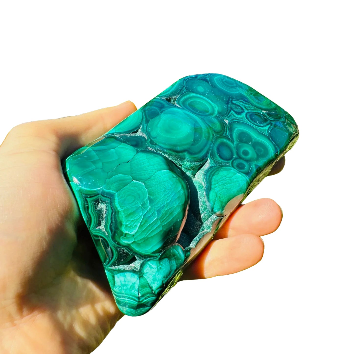 Side perspective of Grade AA Malachite specimen, from Democratic Republic of the Congo.