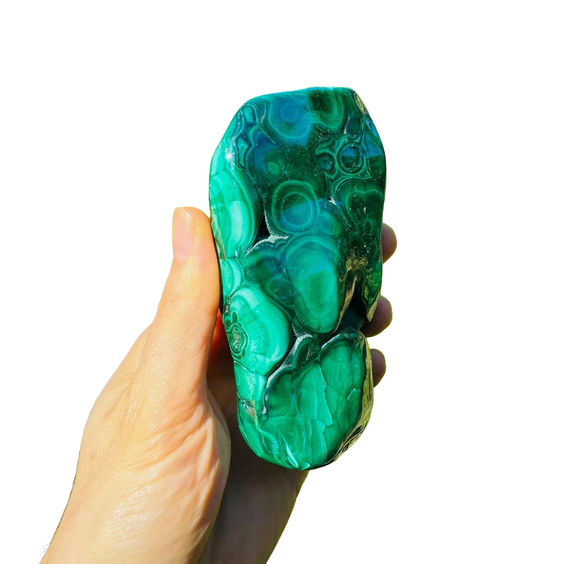 Top view of Grade AA green Malachite specimen, often worked with for Emotional Healing.