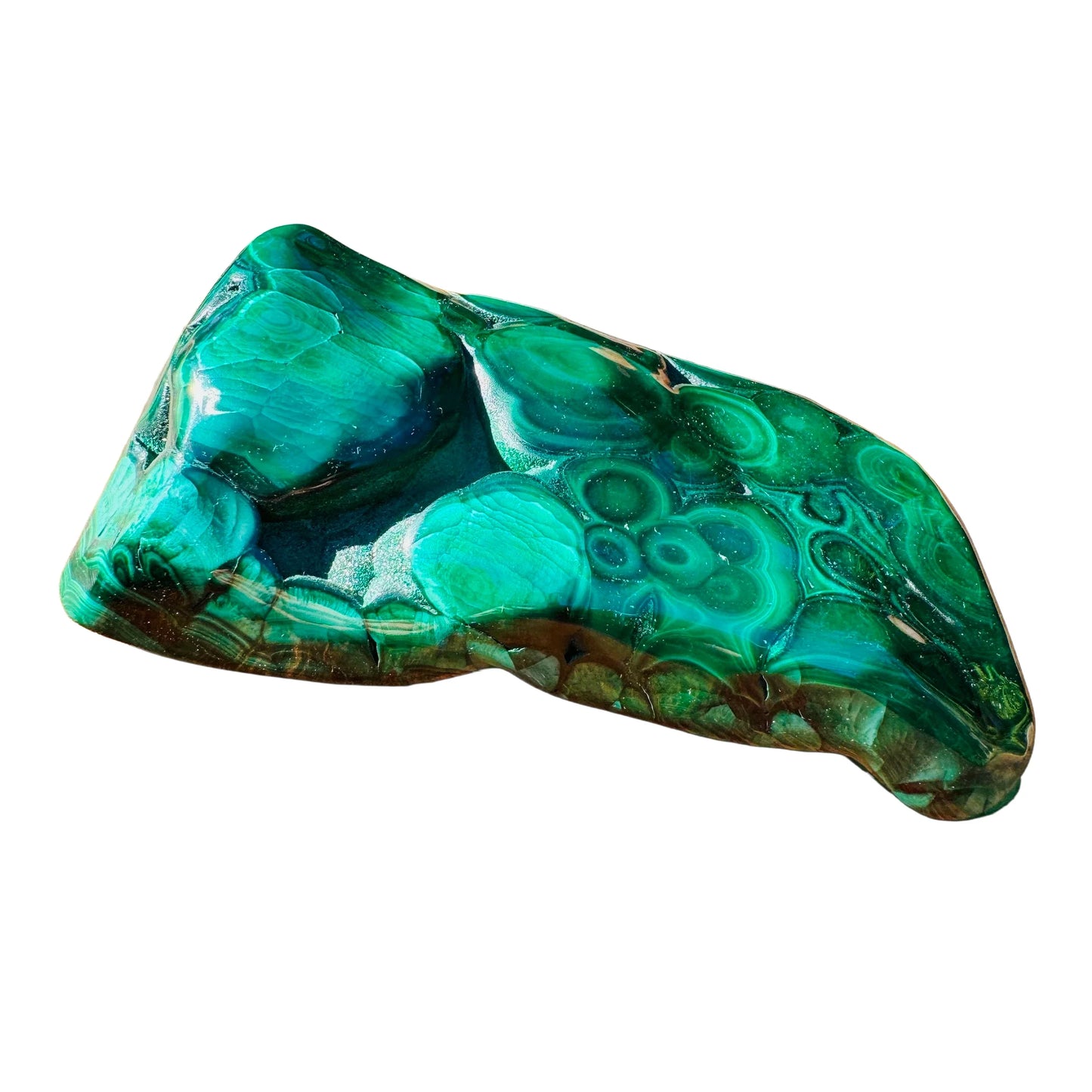 Studio-style view of Malachite specimen, from Haut-Katanga, Democratic Republic of the Congo, often kept for Protection, with surface texture in view.