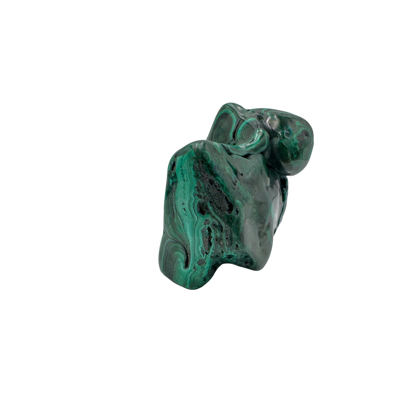 Narrow, tall view of the malachite specimen, its pointed knob rising above a compact banded body.