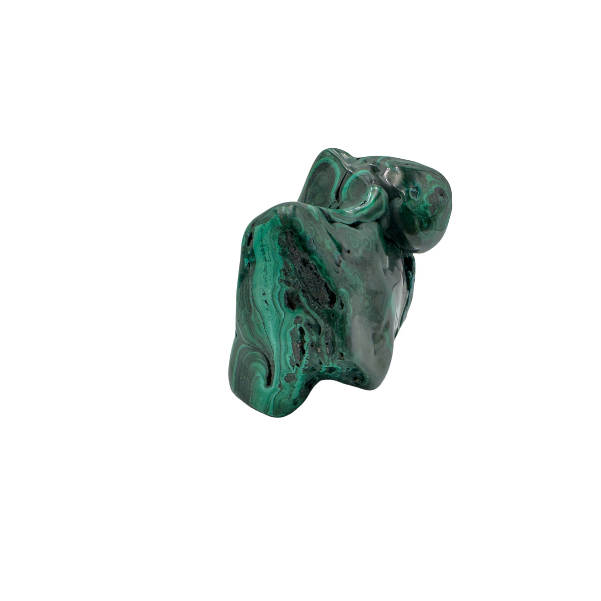 Narrow, tall view of the malachite specimen, its pointed knob rising above a compact banded body.