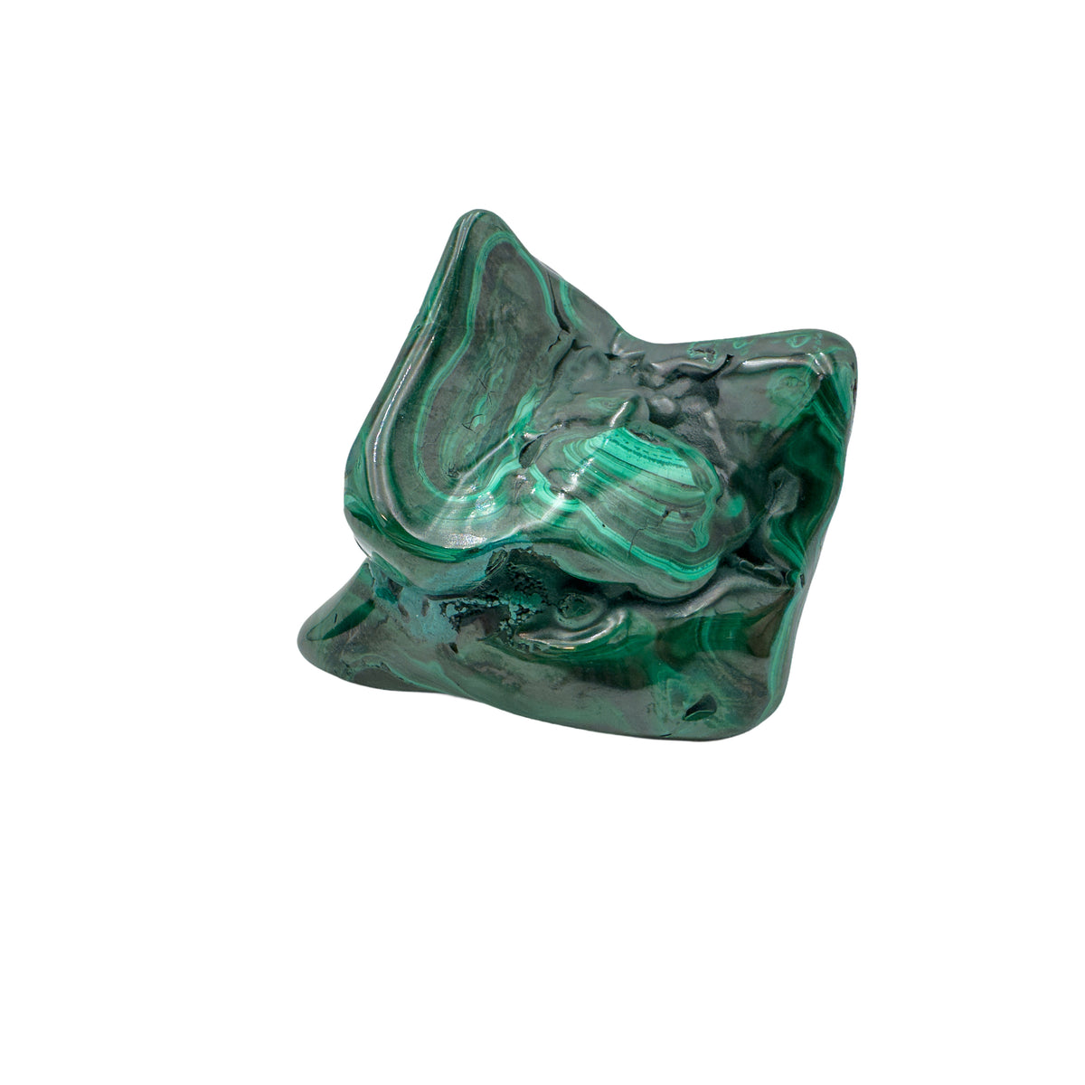 AA-grade malachite specimen from Haut-Katanga, Democratic Republic of the Congo, angled to show green banding wrapping around its full, rounded form.