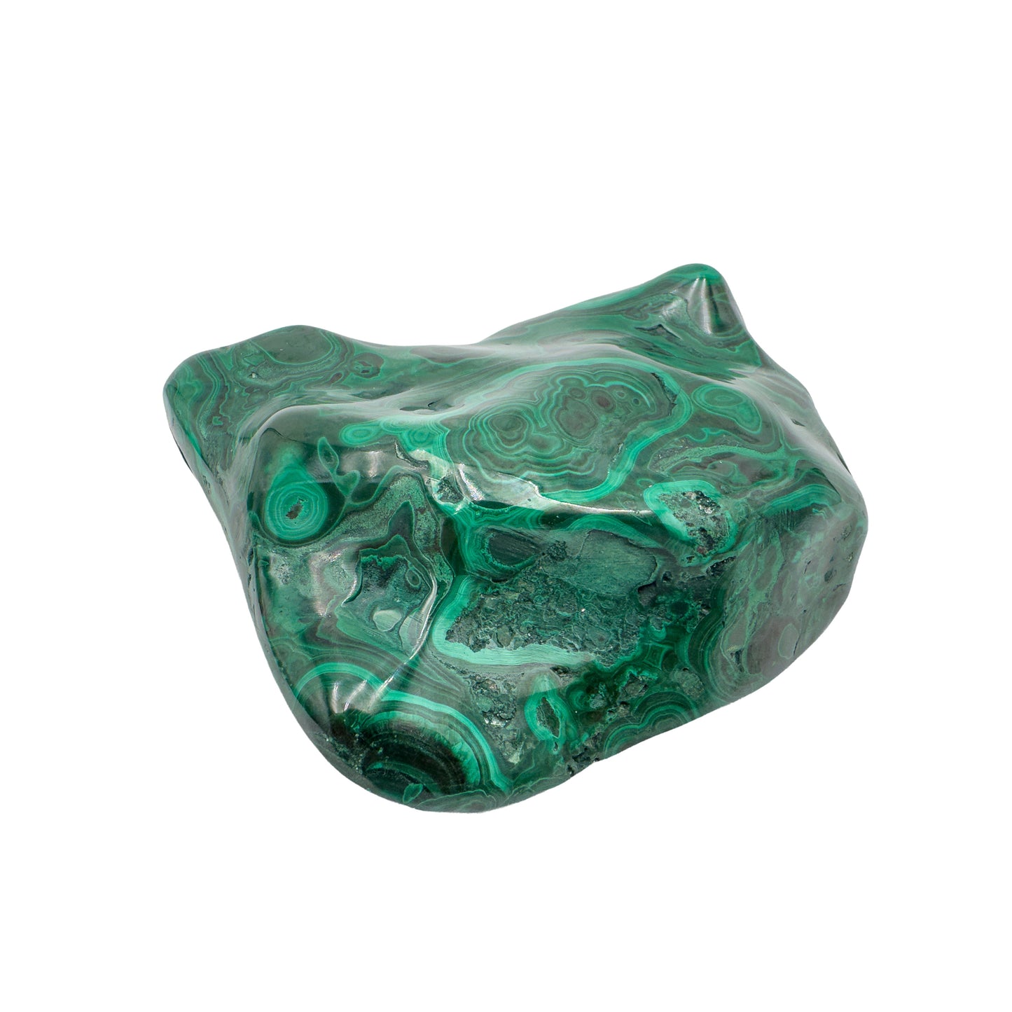Wide top-down view of the malachite specimen, showing rounded botryoidal bumps within the banded surface.