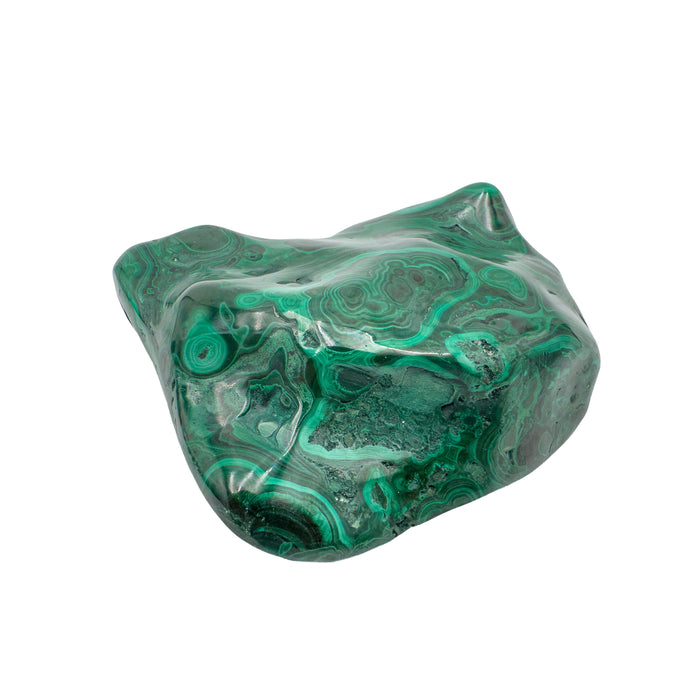 Wide top-down view of the malachite specimen, showing rounded botryoidal bumps within the banded surface.