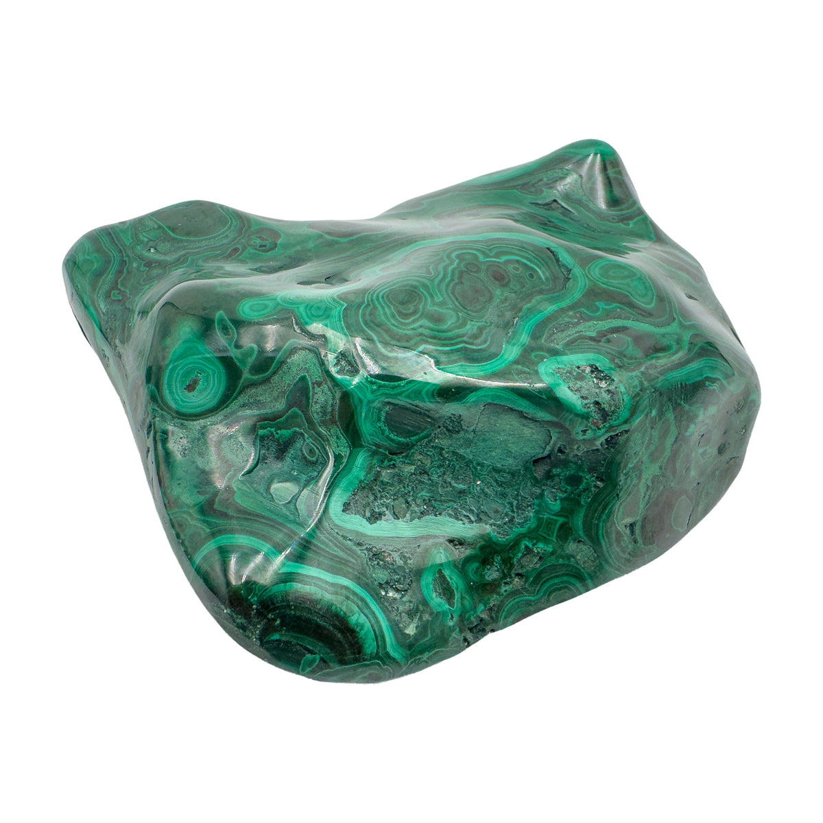Wide top-down view of the malachite specimen, showing rounded botryoidal bumps within the banded surface.