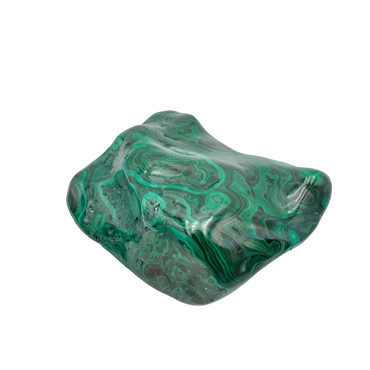 Front-facing view of the malachite specimen's widest face, with sweeping green and gray bands across the polish.