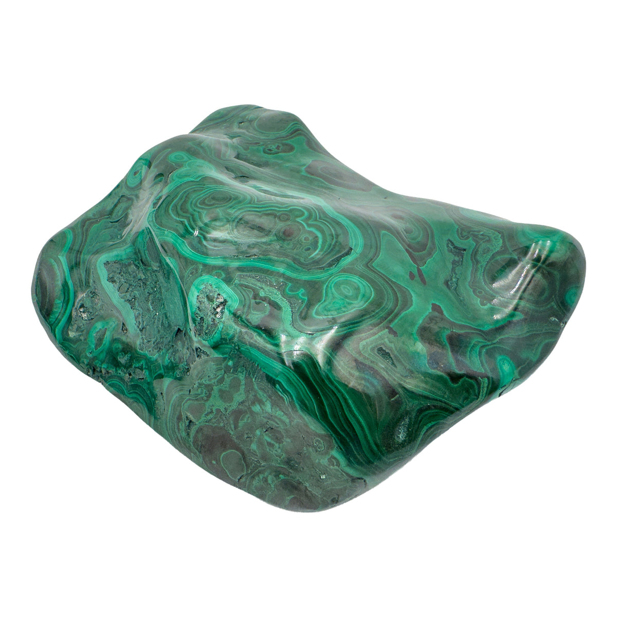 Front-facing view of the malachite specimen's widest face, with sweeping green and gray bands across the polish.