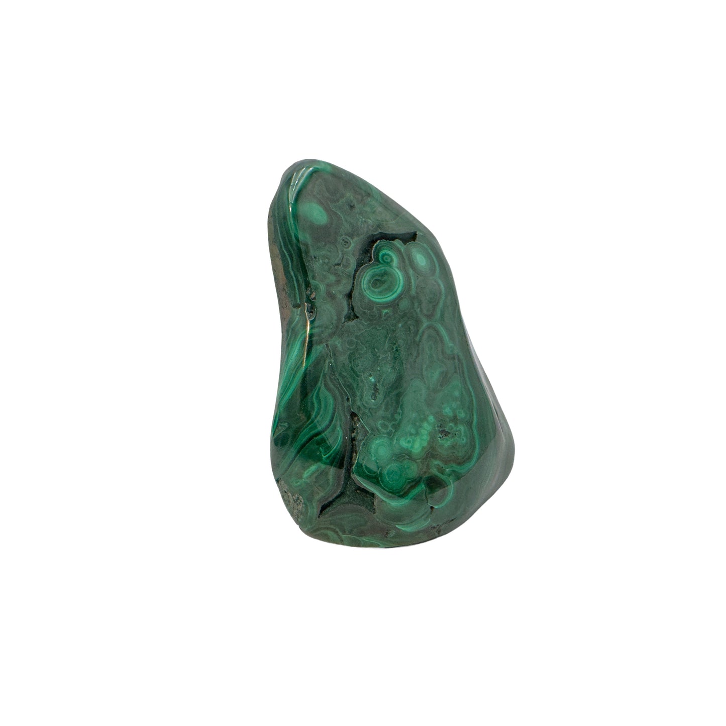 Narrow, tall view of the malachite specimen, showing a distinct banding ring along its rounded top.