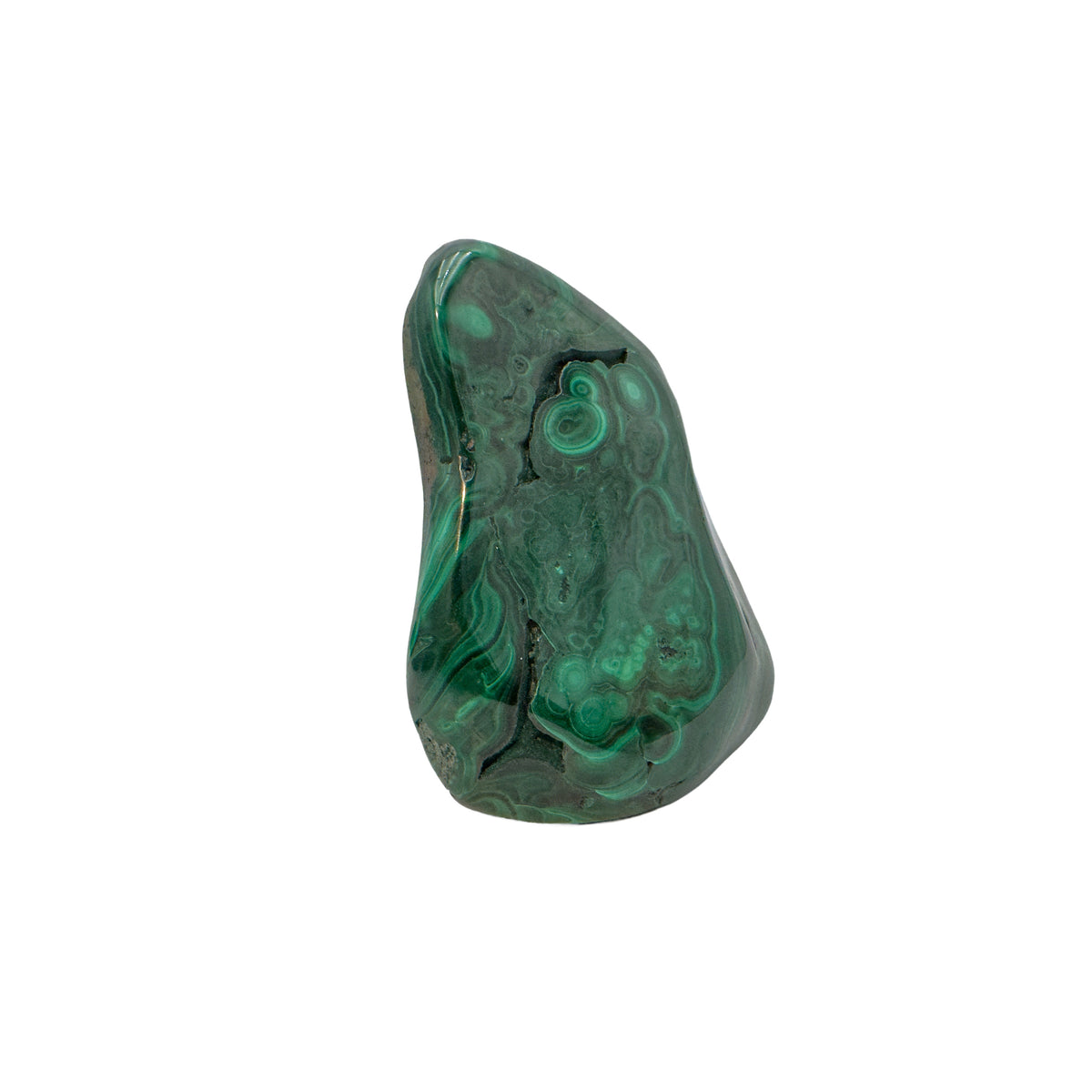 Narrow, tall view of the malachite specimen, showing a distinct banding ring along its rounded top.