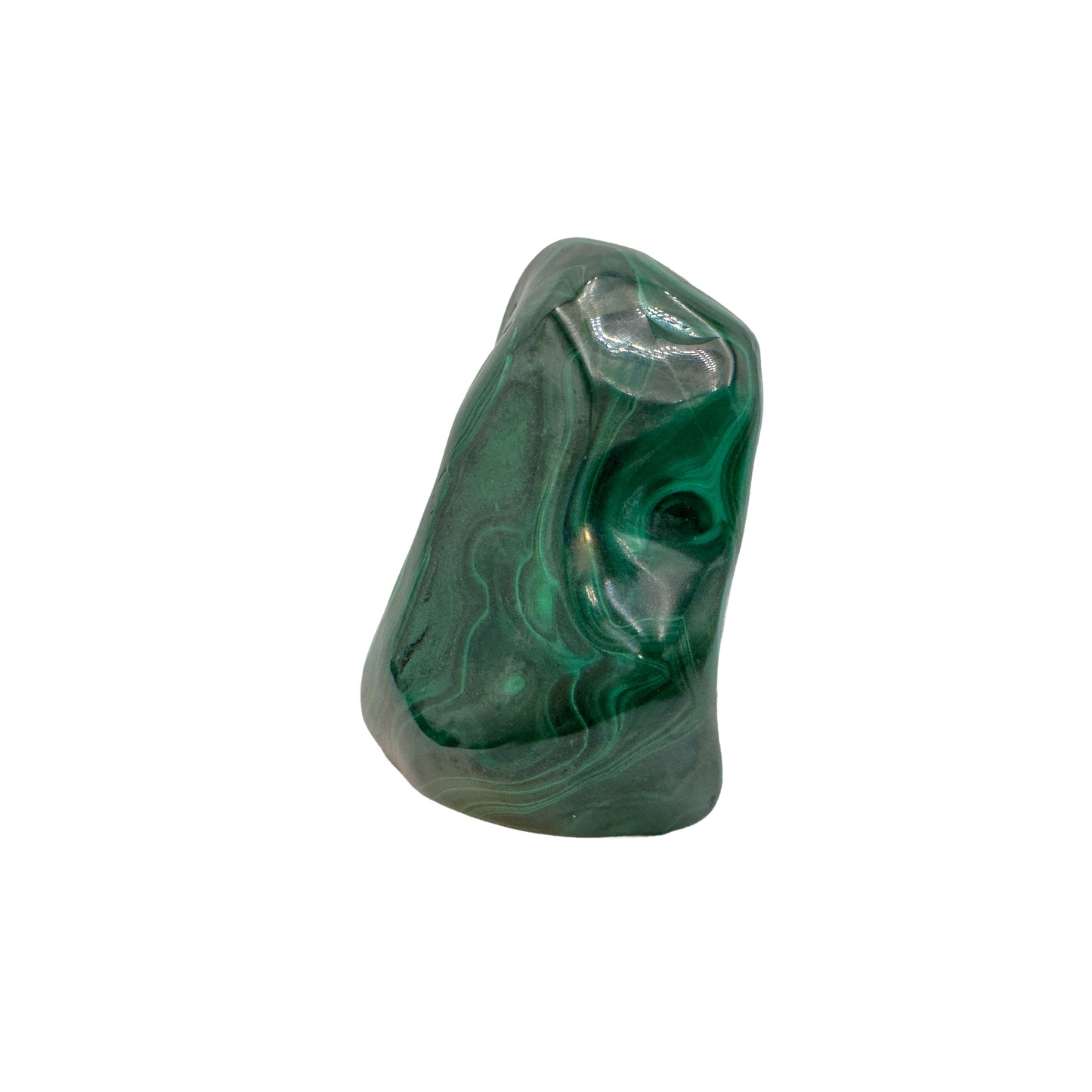 Side angle of the malachite specimen with a darker ring of banding visible near its lower edge.
