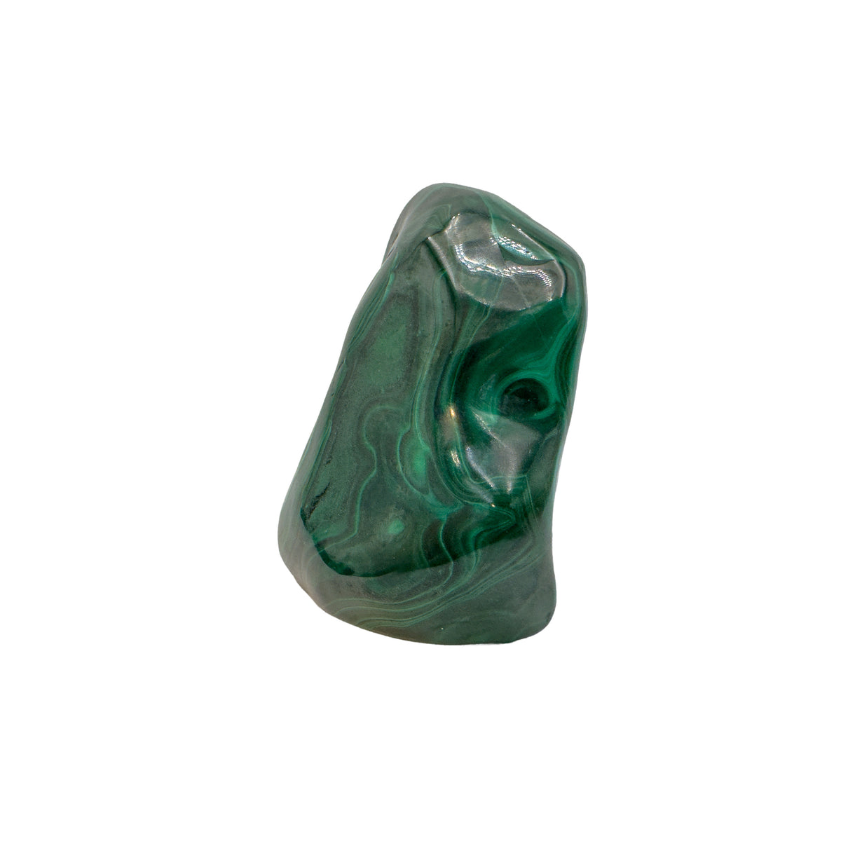 Side angle of the malachite specimen with a darker ring of banding visible near its lower edge.