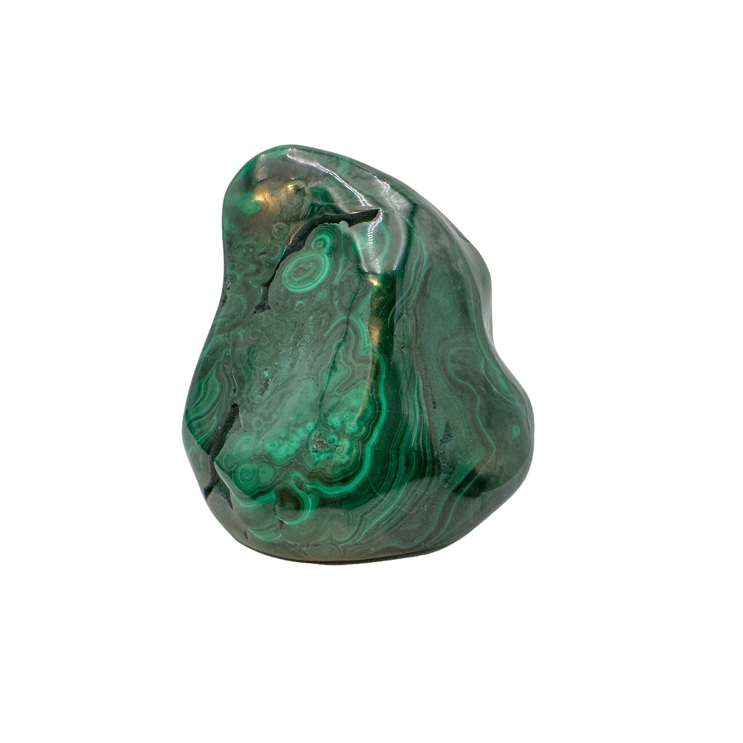 The same malachite specimen turned upright, with a fine crack line running down the polished face between bands of green.