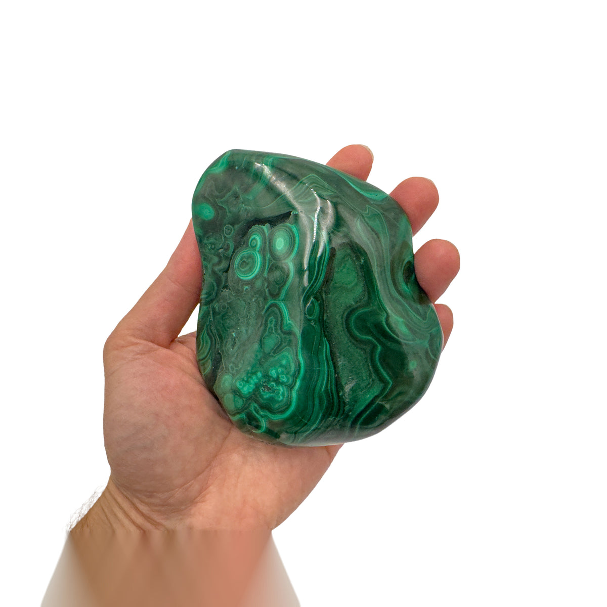 Malachite specimen held in hand for scale, showing the ringed banding at true size, just over 4 inches across.