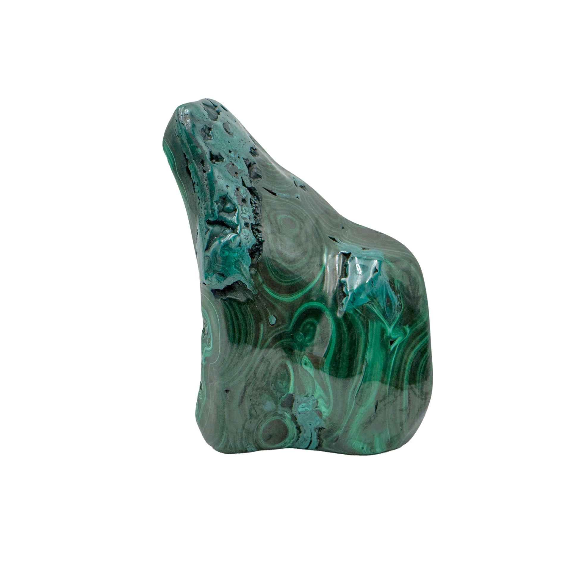 Tall, narrow view of the malachite specimen where the surface leans more gray than green.