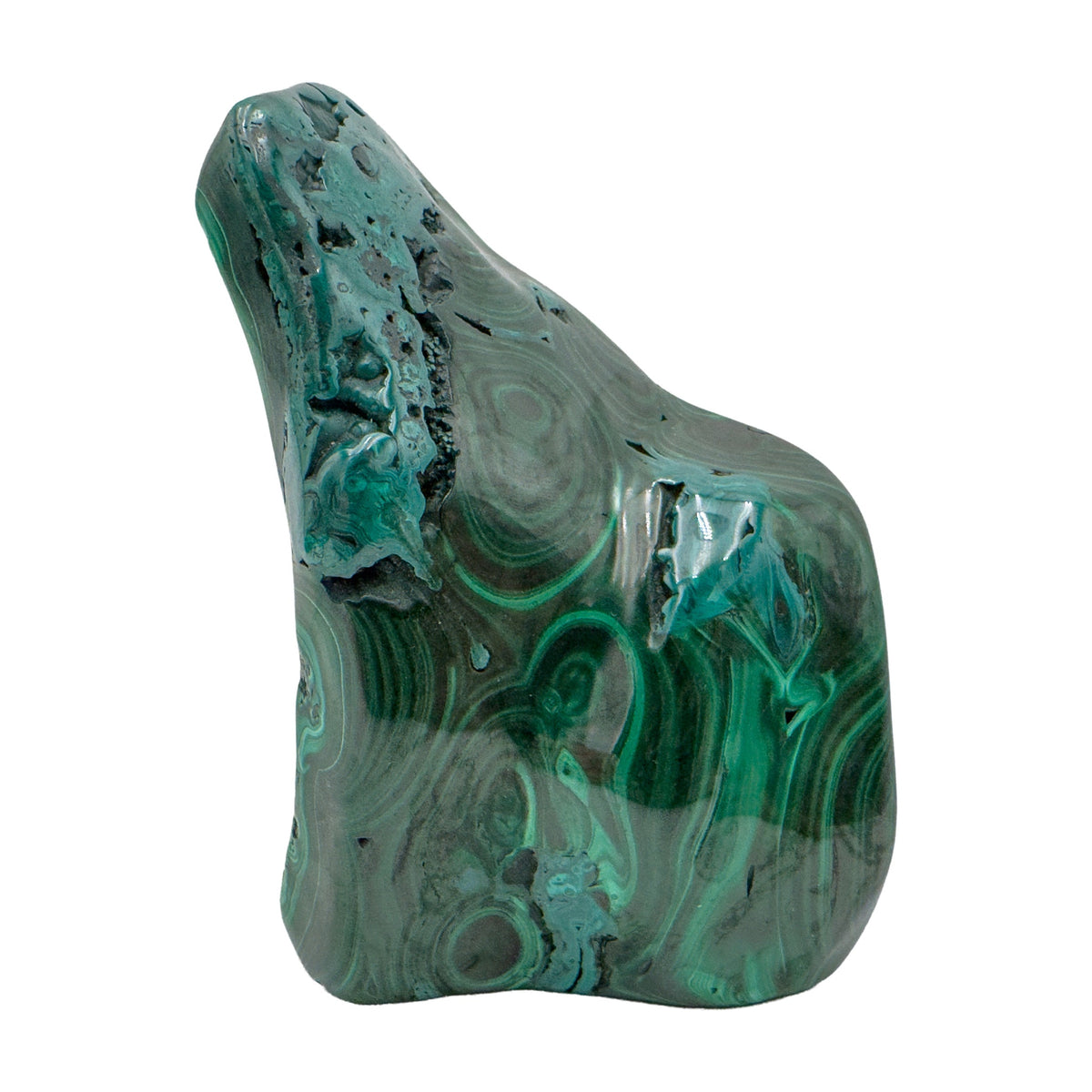 Tall, narrow view of the malachite specimen where the surface leans more gray than green.