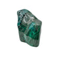 Vertical view of the malachite specimen with a raw patch at the crown and rings of banding through the middle.