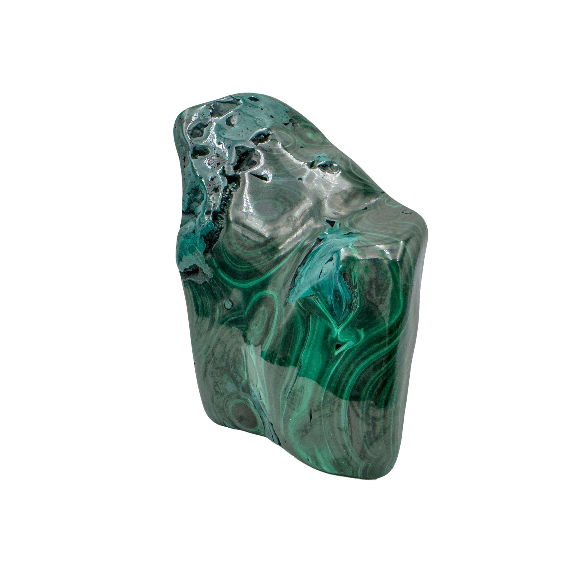 Vertical view of the malachite specimen with a raw patch at the crown and rings of banding through the middle.