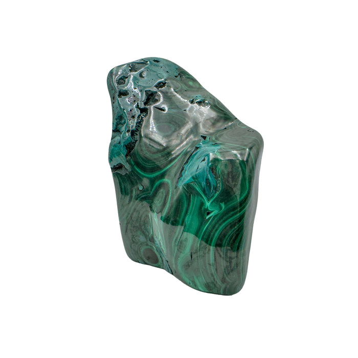 Vertical view of the malachite specimen with a raw patch at the crown and rings of banding through the middle.