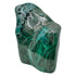 Vertical view of the malachite specimen with a raw patch at the crown and rings of banding through the middle.