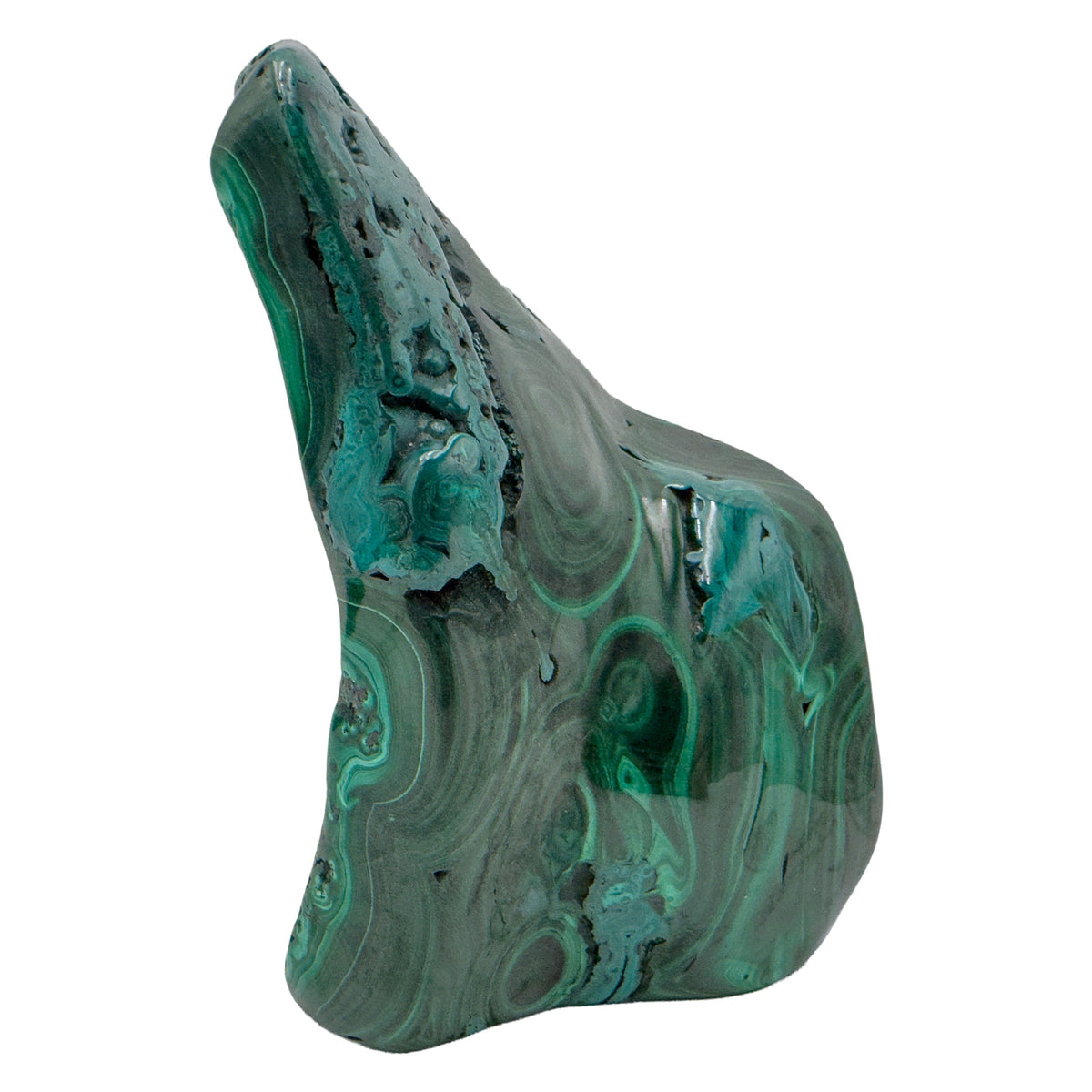 Side angle of the malachite specimen's chunkier face, with softer, less defined banding.