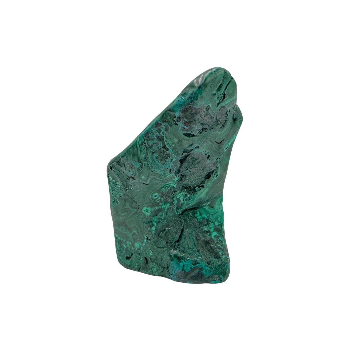 Narrow profile of the malachite specimen showing a plainer gray-green face with faint banding.