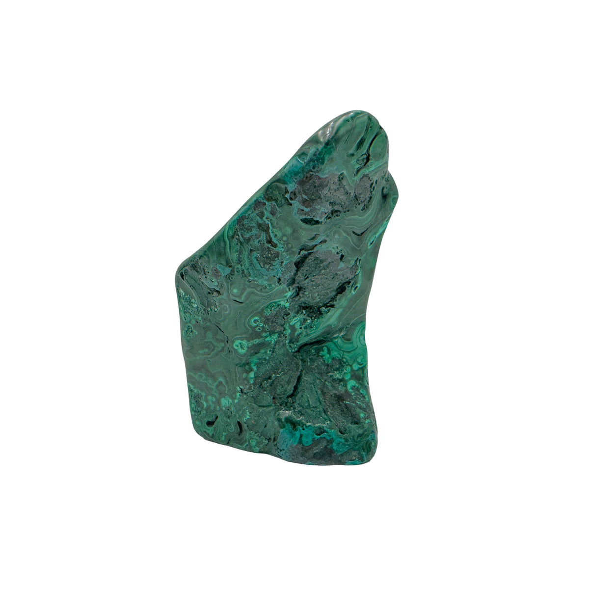 Narrow profile of the malachite specimen showing a plainer gray-green face with faint banding.