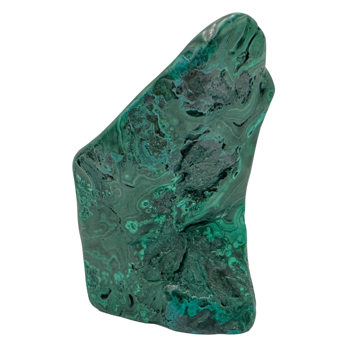 Narrow profile of the malachite specimen showing a plainer gray-green face with faint banding.