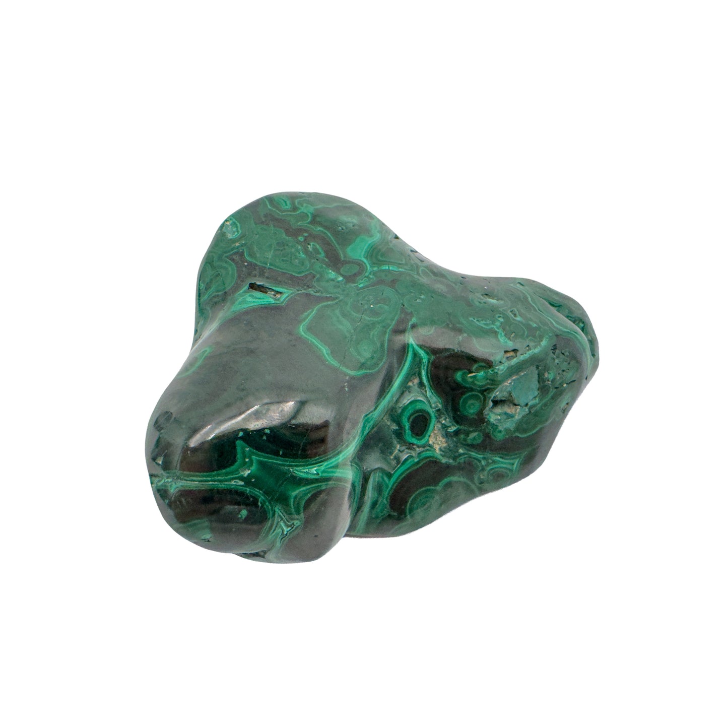 The same malachite specimen from a front angle, with green banding curving around several lobed peaks.