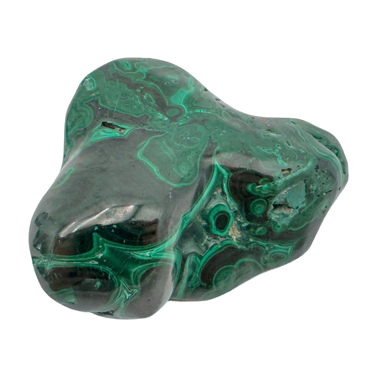 The same malachite specimen from a front angle, with green banding curving around several lobed peaks.