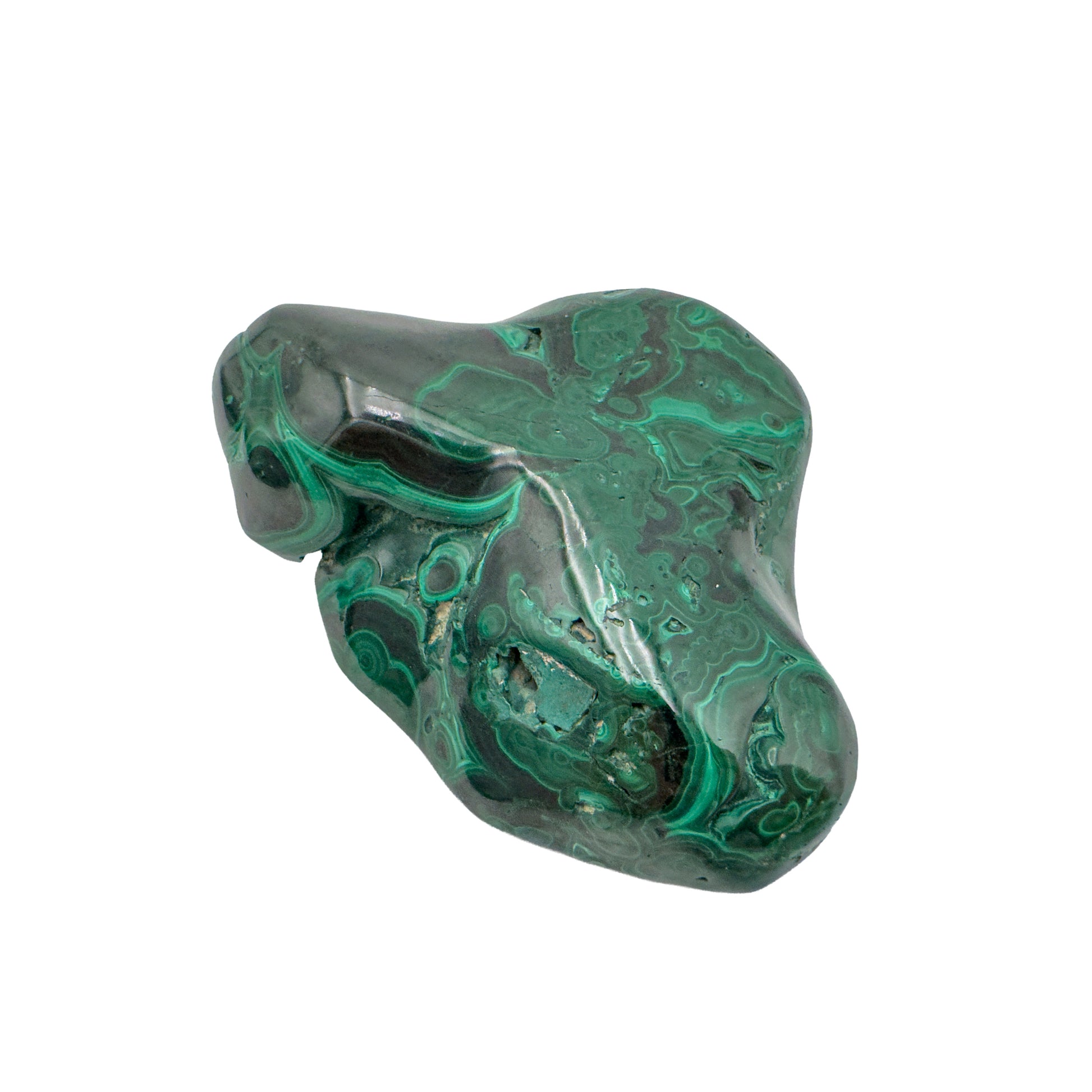 Malachite specimen turned to reveal a dark recessed pocket between two of its lobed peaks.