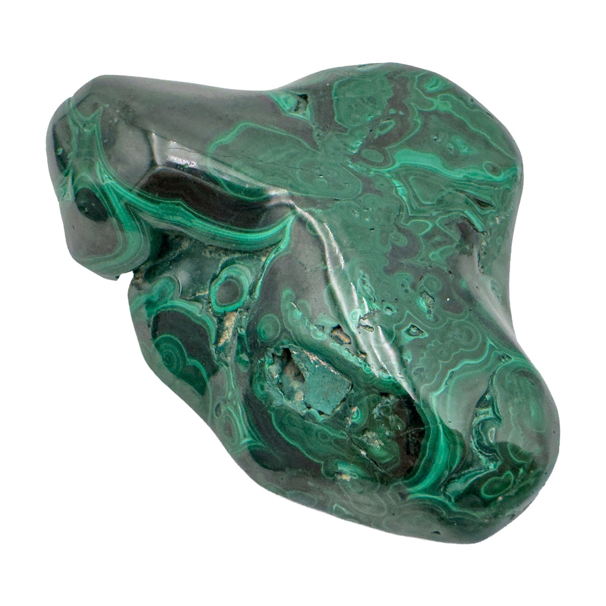 Malachite specimen turned to reveal a dark recessed pocket between two of its lobed peaks.