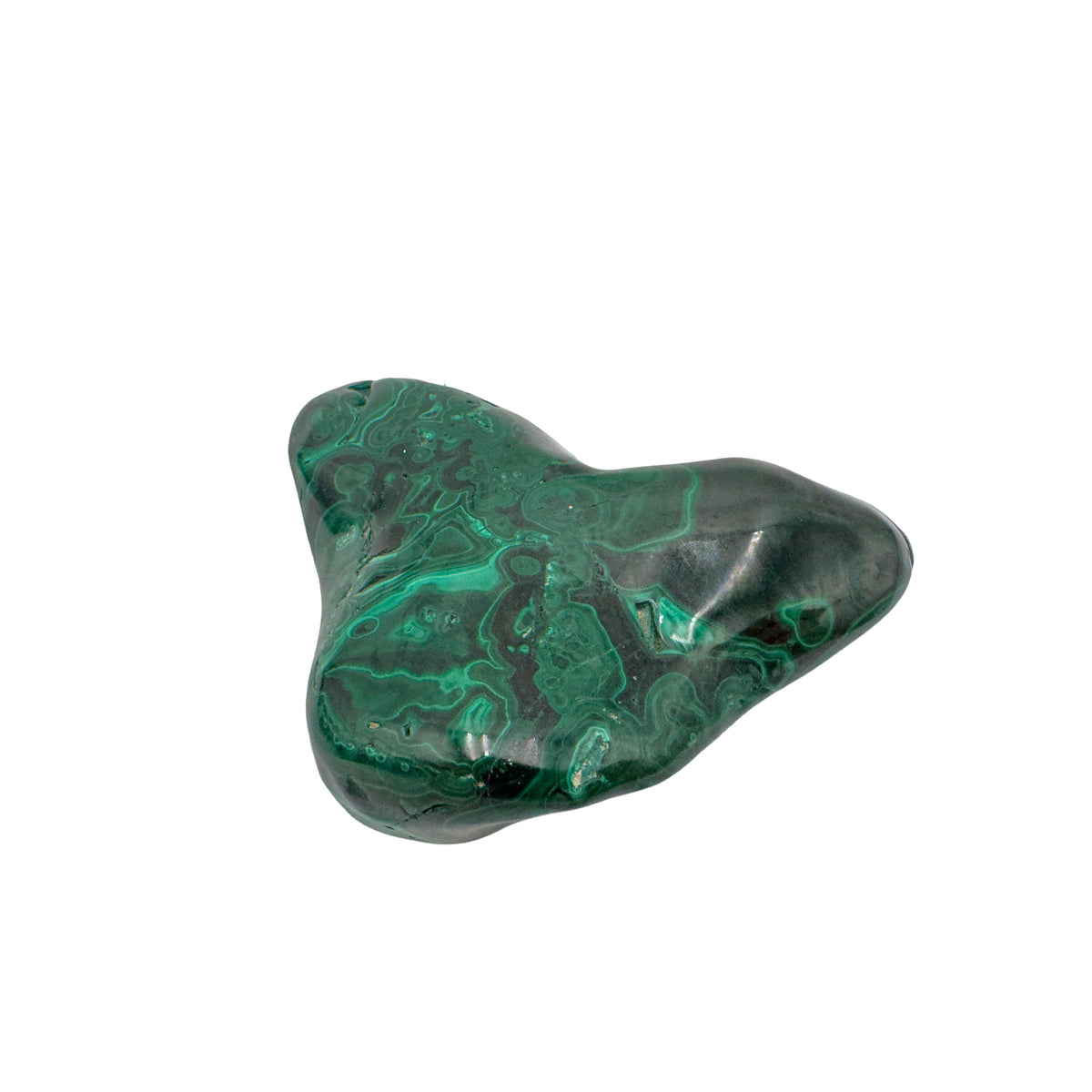 Mirrored front view of the malachite specimen, with banding wrapping around its irregular lobed form.