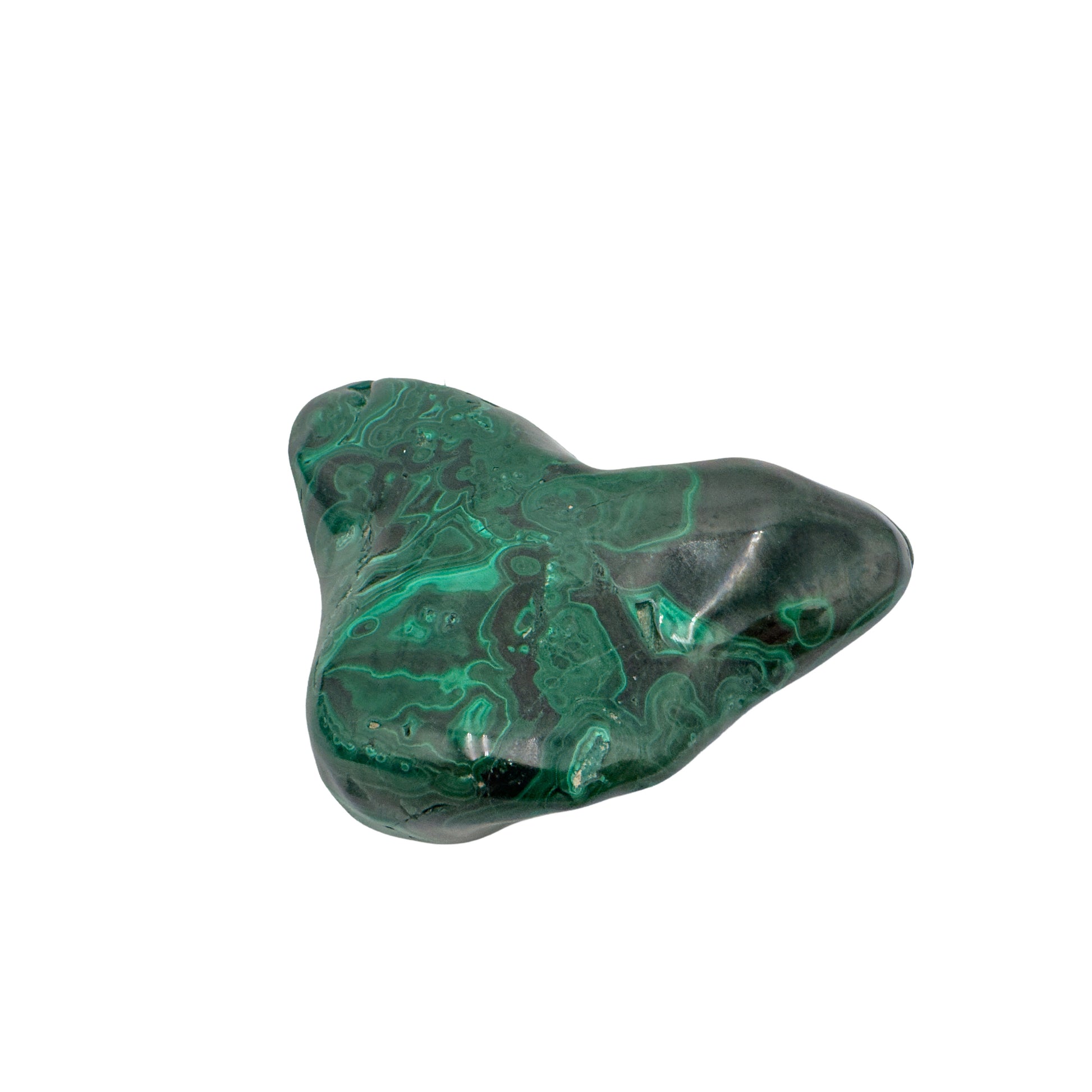 Mirrored front view of the malachite specimen, with banding wrapping around its irregular lobed form.