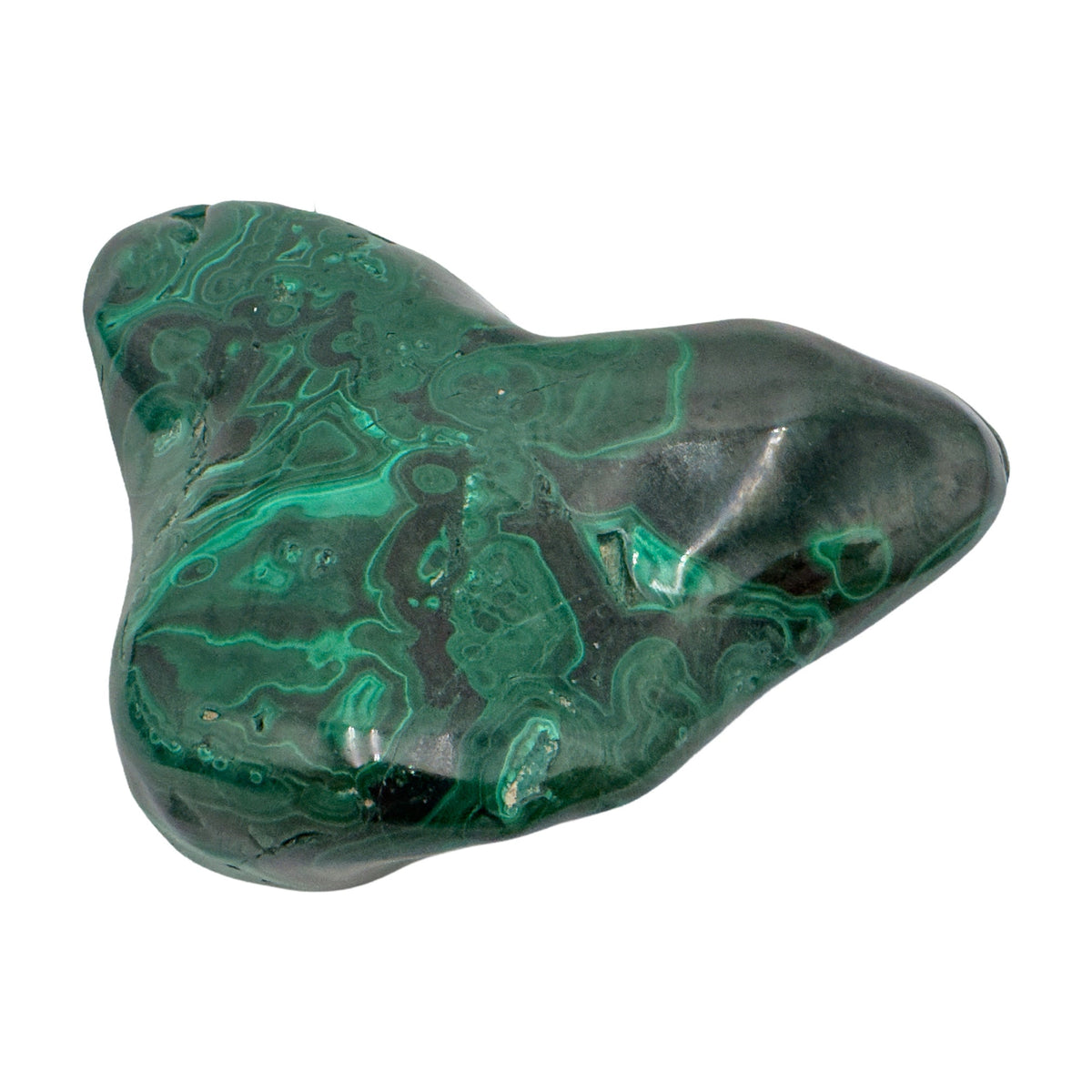 Mirrored front view of the malachite specimen, with banding wrapping around its irregular lobed form.