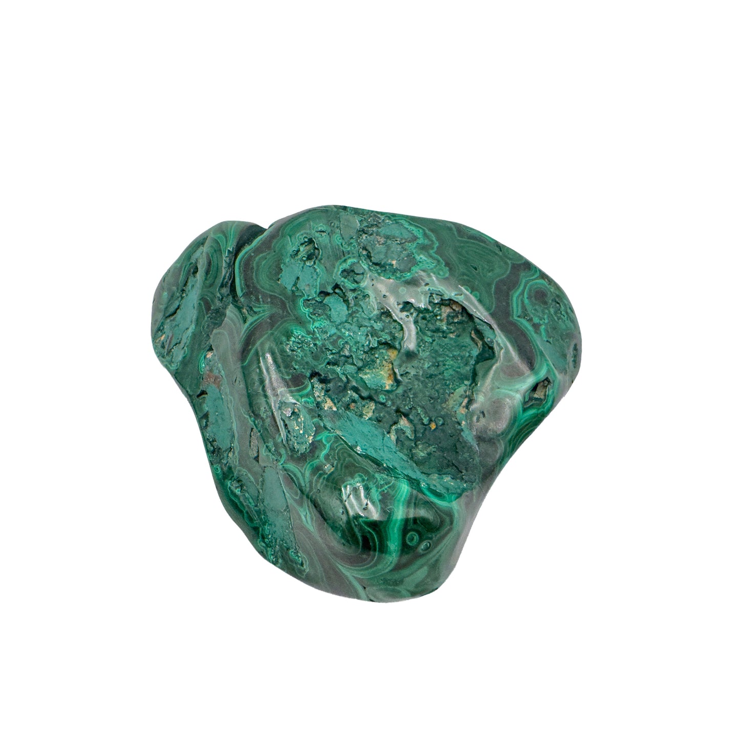 Malachite specimen angled to highlight its tallest pointed lobe rising above the banded body.