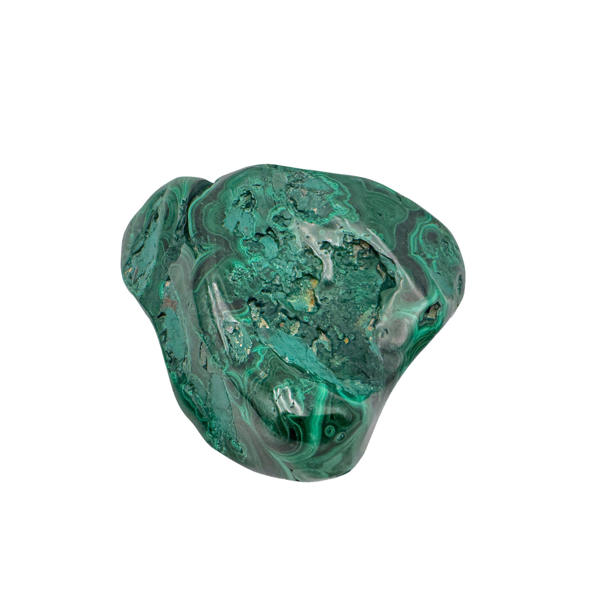 Malachite specimen angled to highlight its tallest pointed lobe rising above the banded body.