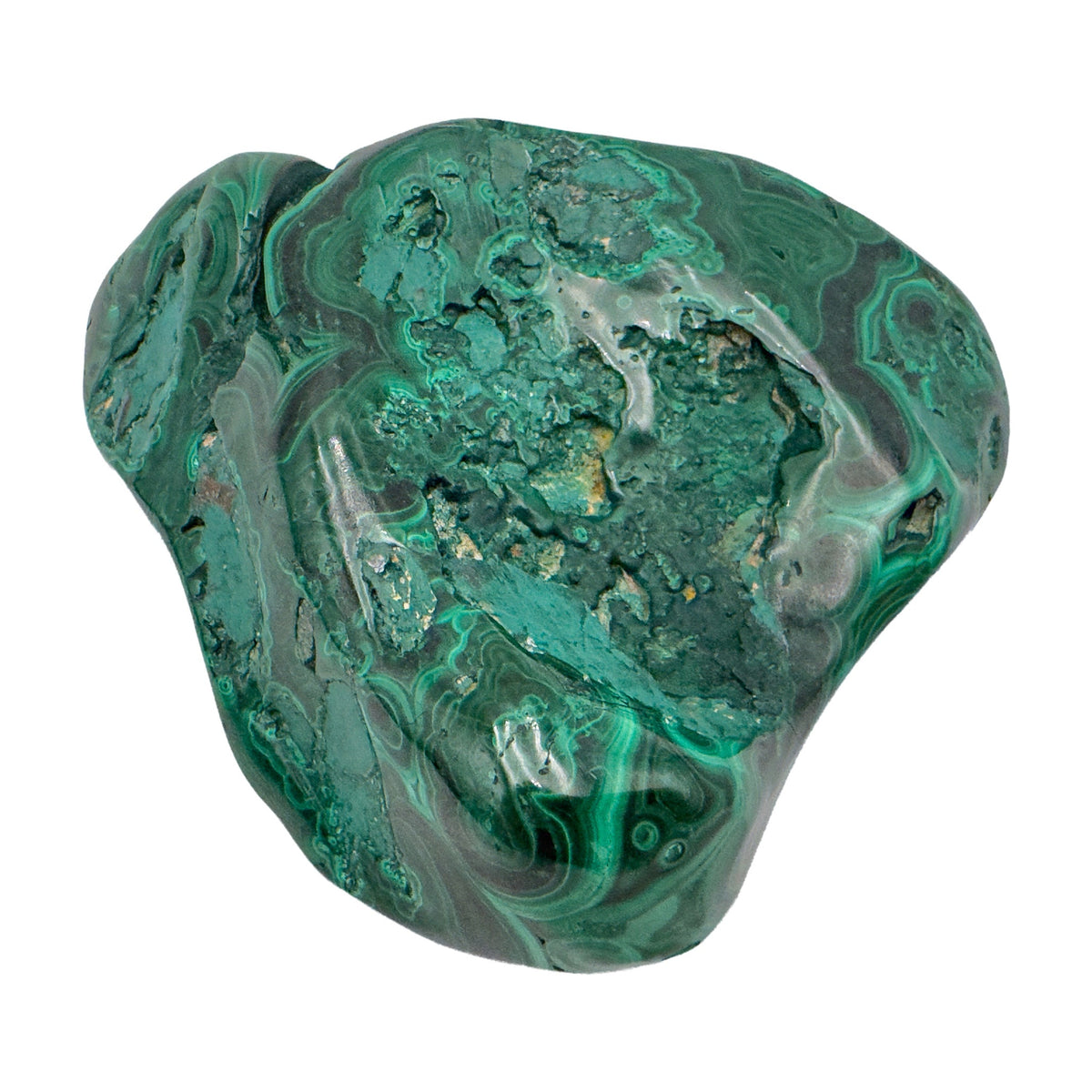 Malachite specimen angled to highlight its tallest pointed lobe rising above the banded body.