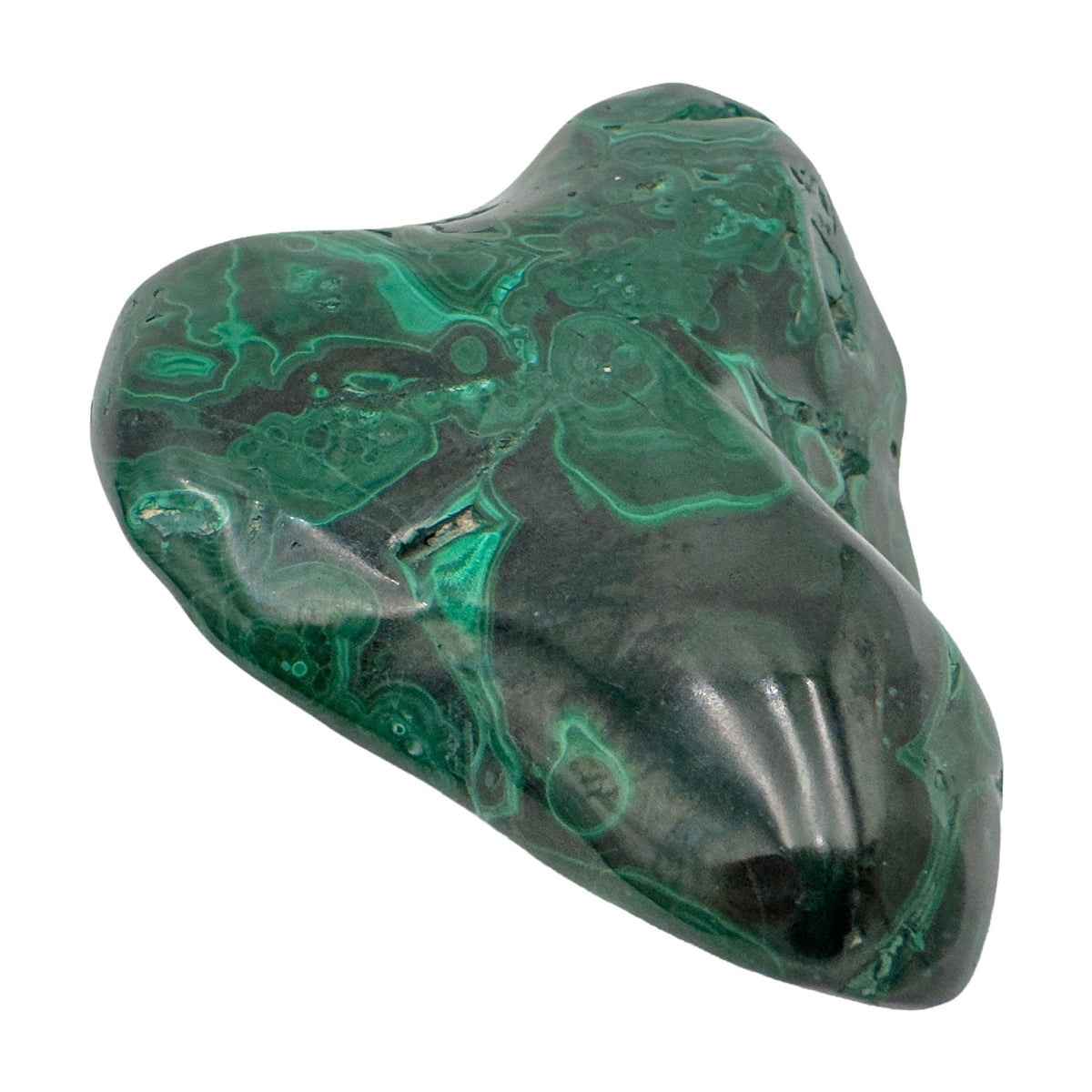 Side view of the malachite specimen turned to show the twist in its lobed silhouette.