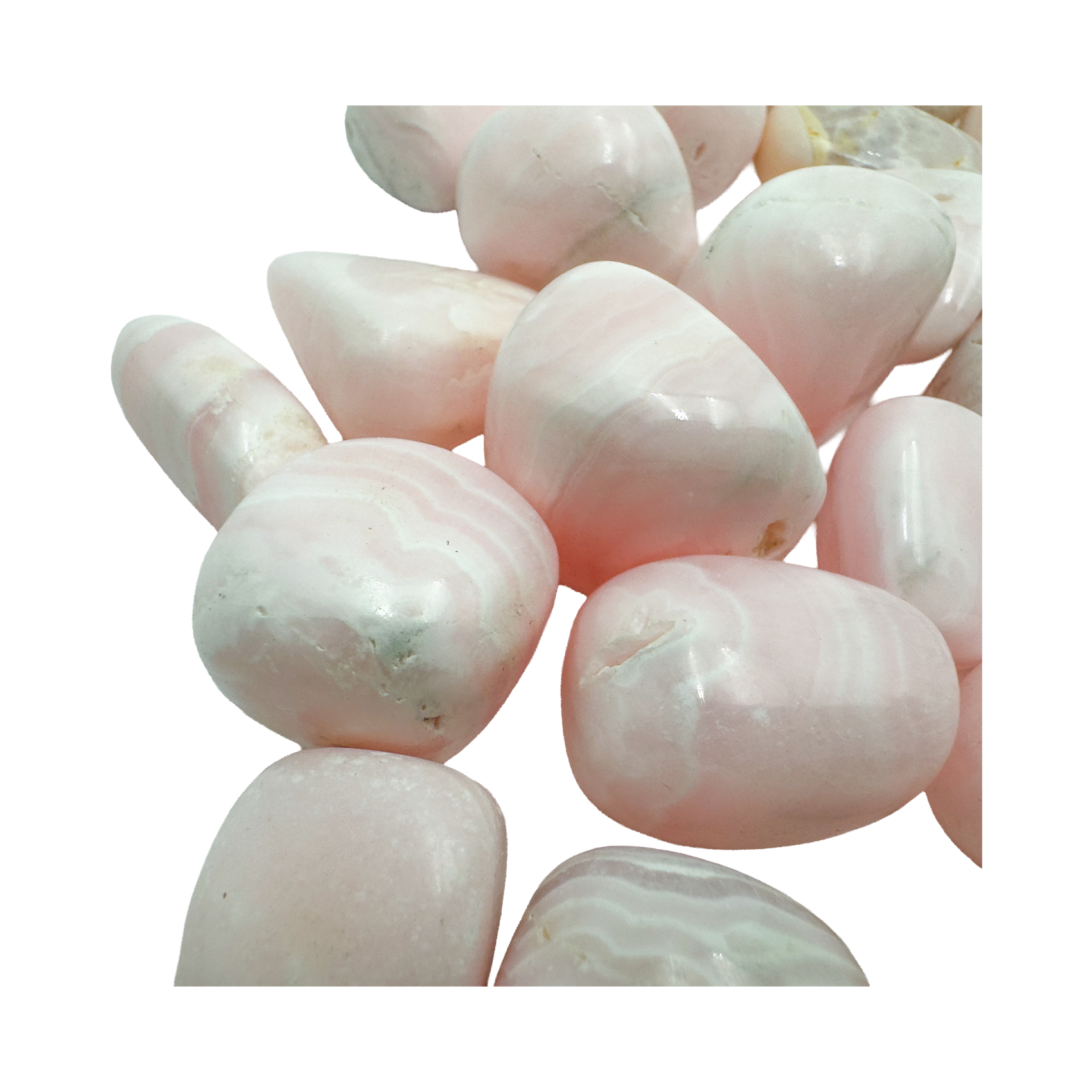 Grouping of pink Mangano Calcite tumbles, Grade AA, kept for self love and emotional calm