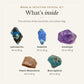 What's inside the Moon & Intuition Crystal Kit: labradorite 40 to 80 g, sodalite 20 to 50 g, amethyst 50 to 100 g, peach moonstone 20 to 50 g, blue apatite 20 to 50 g, drawn in true proportion to each other