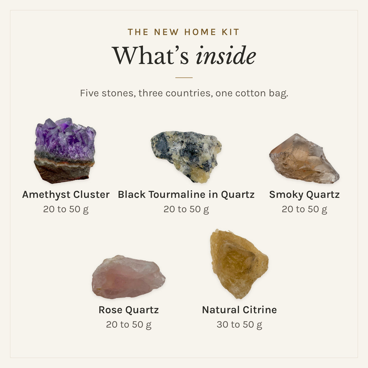 What's inside The New Home Kit: amethyst cluster 20 to 50 g, black tourmaline in quartz 20 to 50 g, smoky quartz 20 to 50 g, rose quartz 20 to 50 g, natural citrine 30 to 50 g, drawn in true proportion to each other