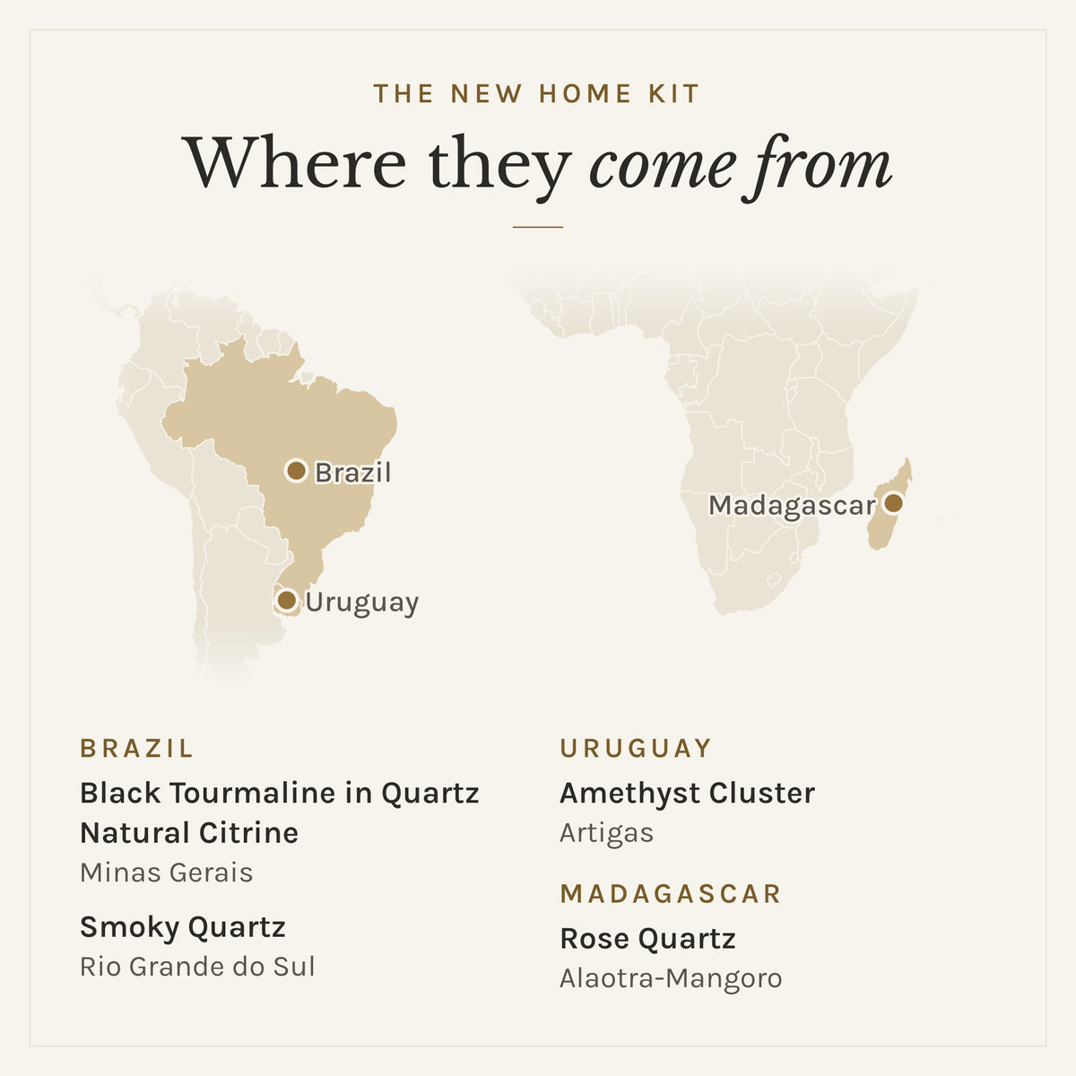 Map of where the stones in The New Home Kit come from: Uruguay (amethyst cluster), Brazil (black tourmaline in quartz, smoky quartz and natural citrine) and Madagascar (rose quartz)