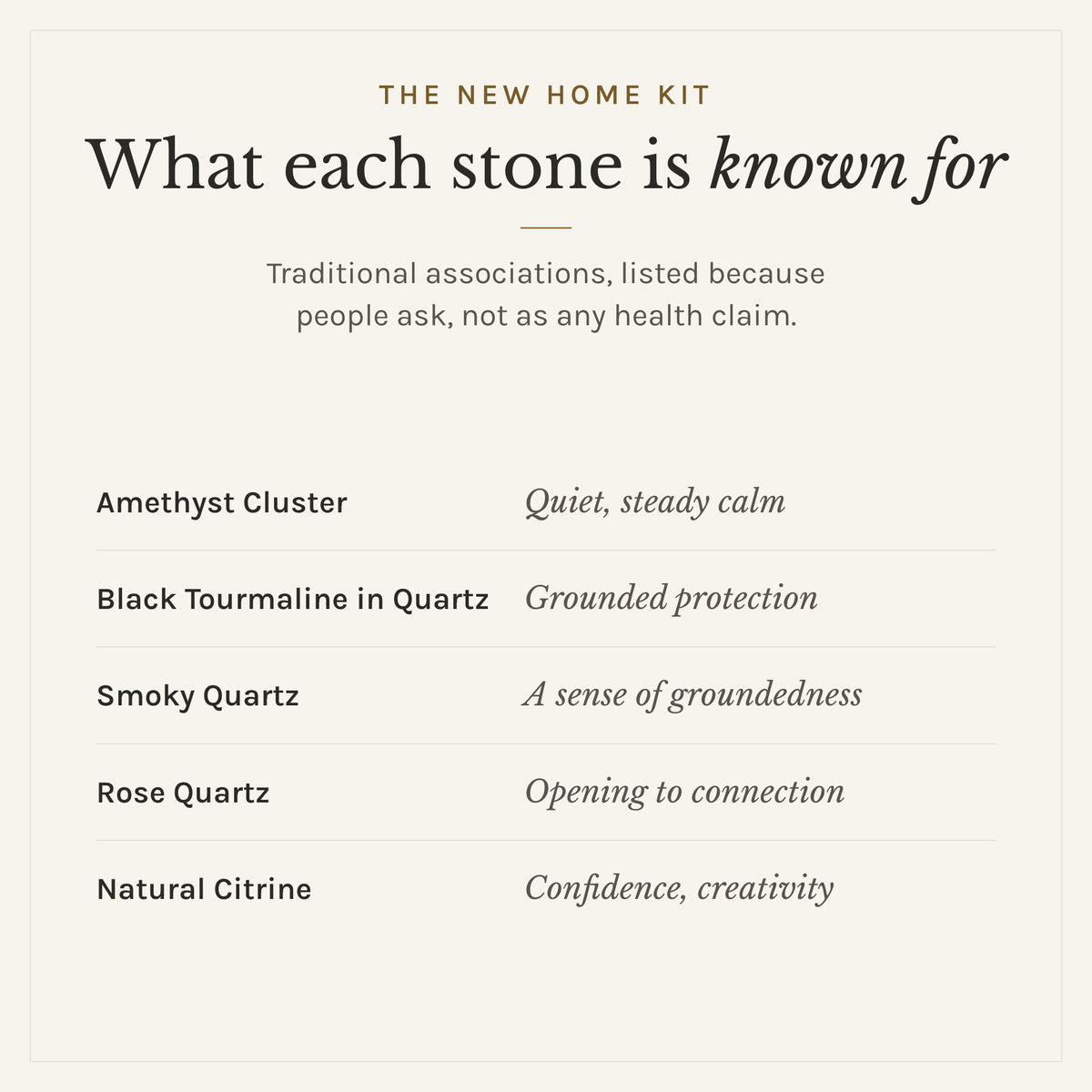 What each stone in The New Home Kit is traditionally known for: amethyst cluster, quiet, steady calm; black tourmaline in quartz, grounded protection; smoky quartz, a sense of groundedness; rose quartz, opening to connection; natural citrine, confidence, creativity. Listed as traditional associations, not health claims