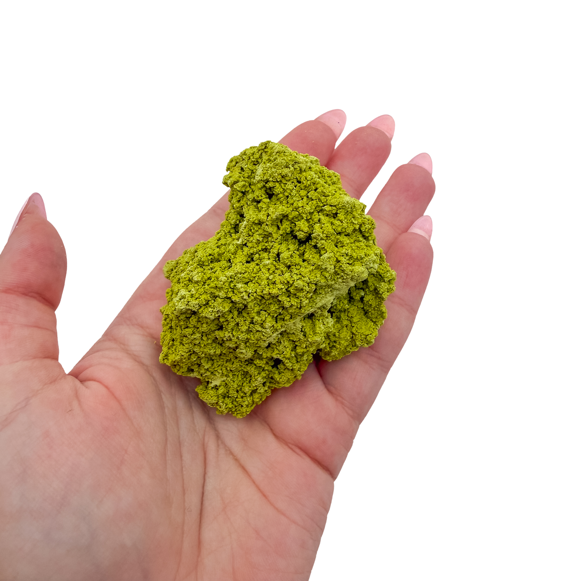 Nontronite specimen no. 10 held in an open hand, showing the true size of this 2.22 inch, 56 gram piece.