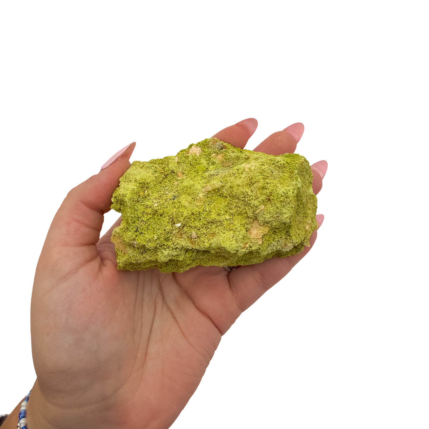 A hand holds nontronite no. 11 for scale, the 158 gram specimen spanning roughly 3.60 inches across the palm.