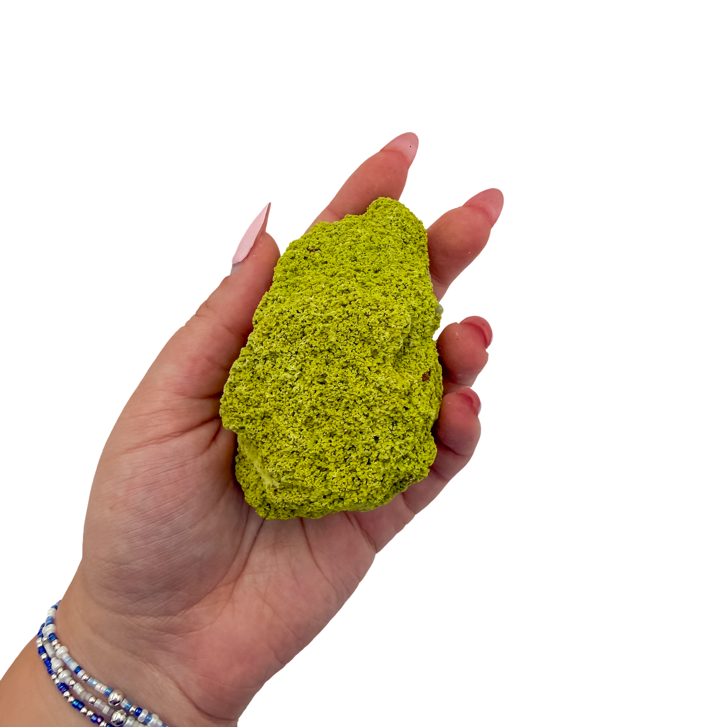 Scale reference for nontronite no. 12: the 3.28 by 2.09 inch specimen resting in an open hand.
