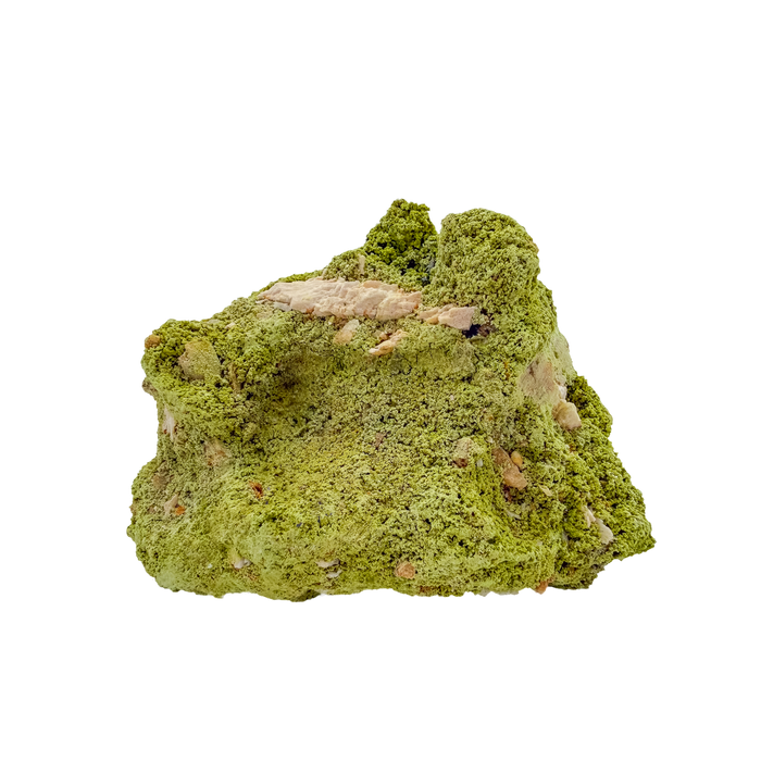 Primary display face of a 180 gram nontronite specimen, no. 14, its rounded olive-green growths covering weathered host rock.