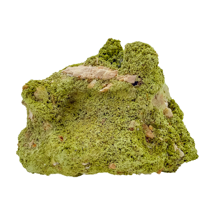 Primary display face of a 180 gram nontronite specimen, no. 14, its rounded olive-green growths covering weathered host rock.