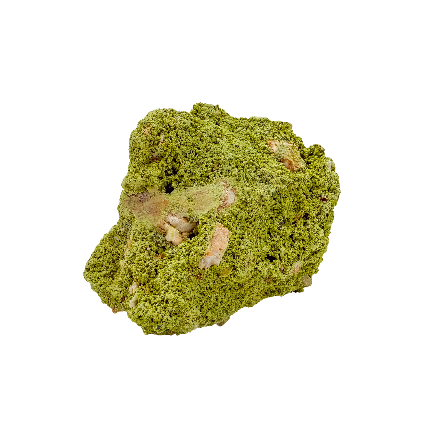 Collector-grade Brazilian nontronite no. 14 photographed from the reverse side, 3.43 by 2.61 inches of bubbled green clay mineral.